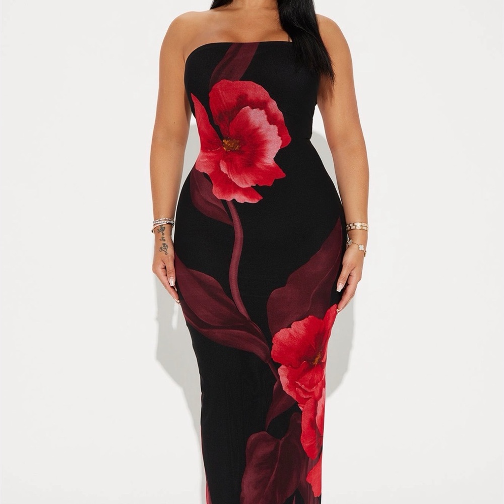 Fashion Nova Strapless Black Dress with Red Floral Design